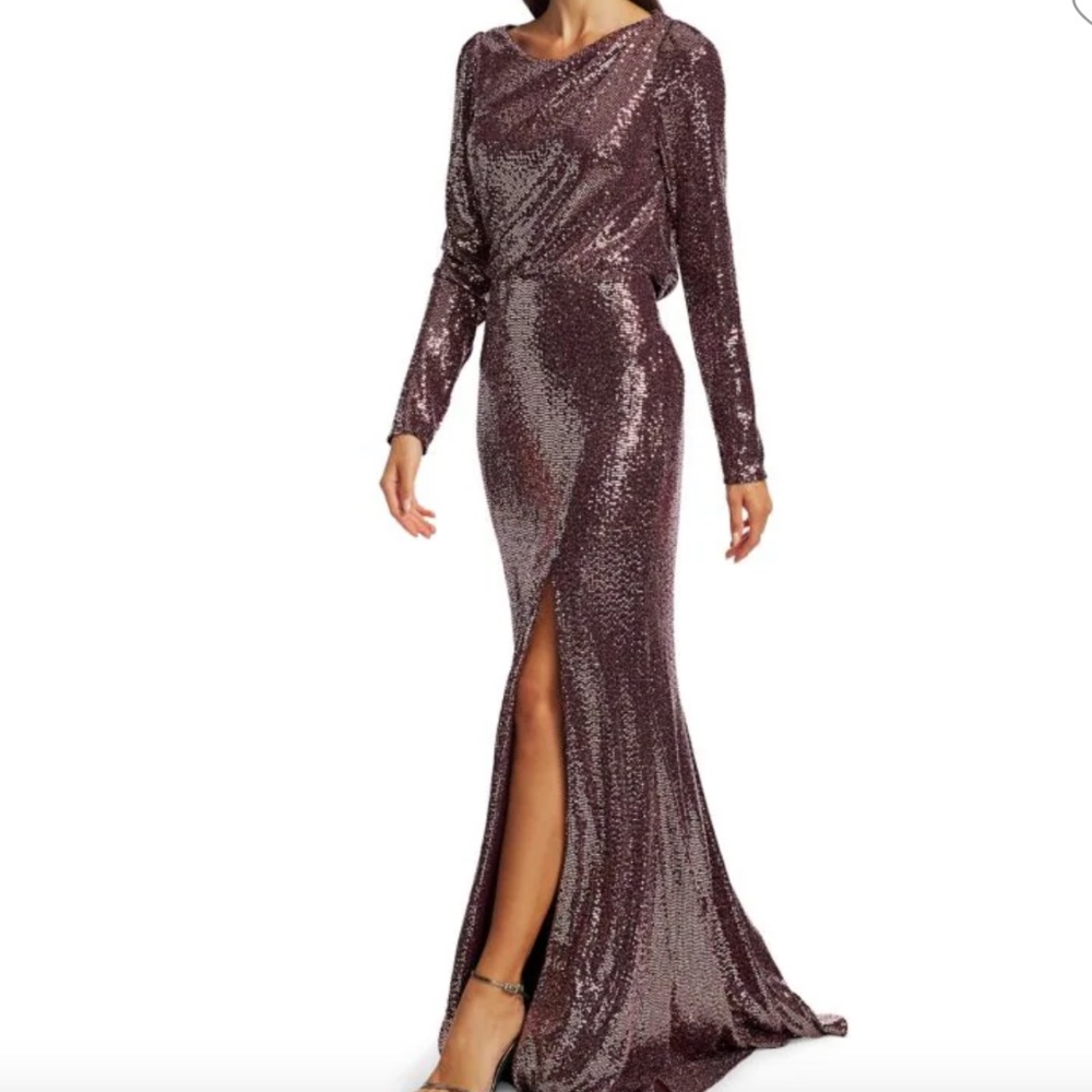 NWT Badgley Mischka Sequin Long-Sleeve Asymmetric Back Cutout Gown Plum Size 2